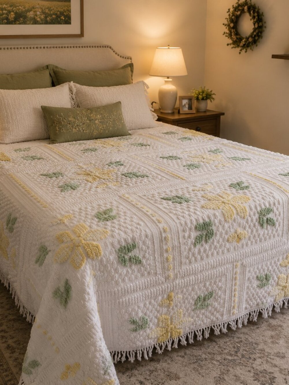 Vtg Chenile Bedspread Soft Yellow White Fringe Queen Full Double